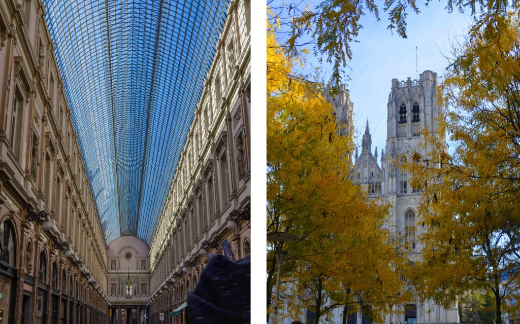 two photos of different areas in brussels belgium.
The right: the stunning galeries royale st hubert. It's a closed in strip mall with stores on either side and a beautiful domed skylight roof above letting in all the light. 

Right: fall trees slightly cover a gothic twin spired church