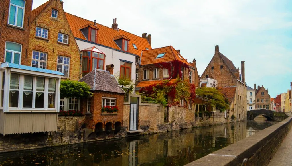 brugge side street and canal homes on the water in the fall. There are plants and trees growing off the back of the homes, most are still green, but some are a vibrant red . 

There is a reflection of the bottoms of the homes in the canal. You can also see a bridge further along the canal. crossing over the other side. 