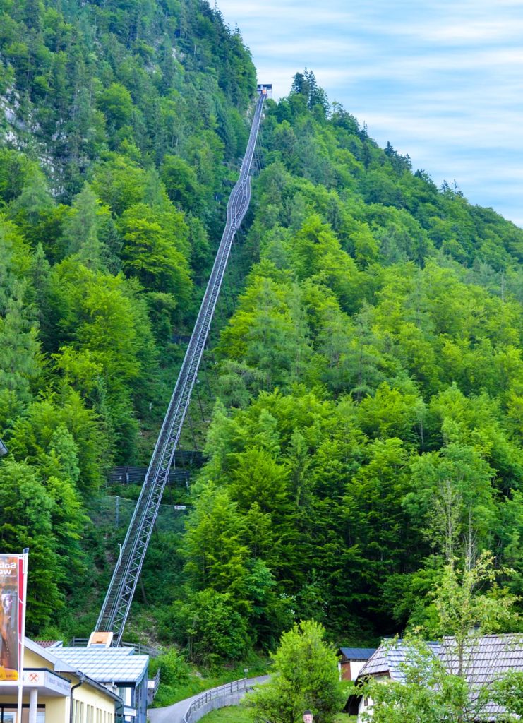 The funicular in hallstatt to the salt mines on top of the mountain