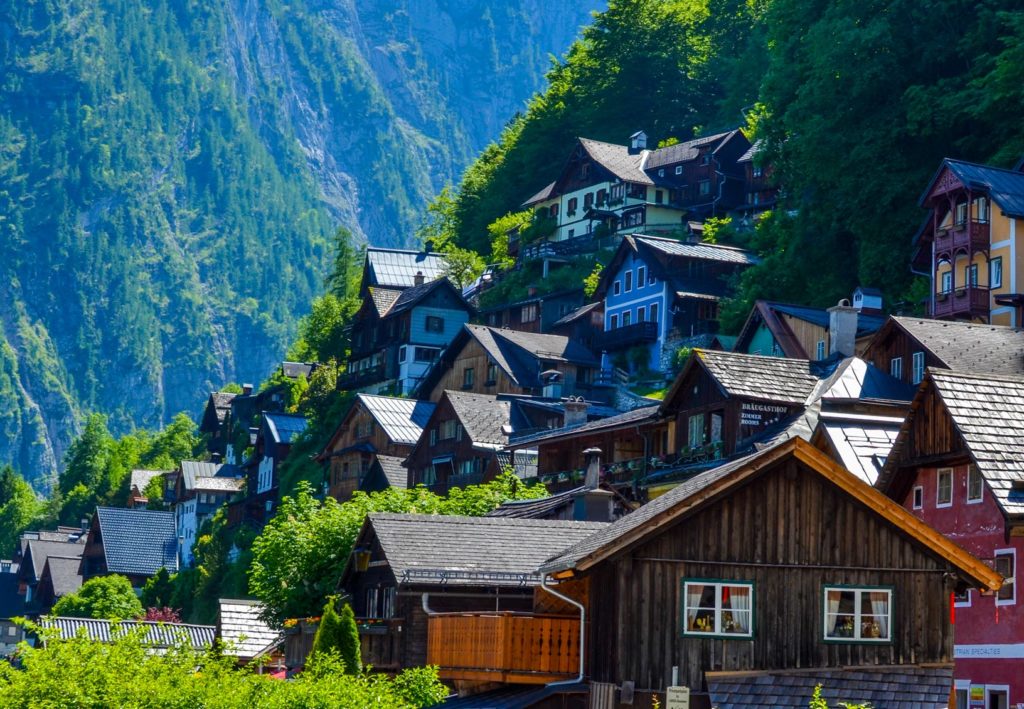 Homes on the side going up the mountain in Hallstatt austria