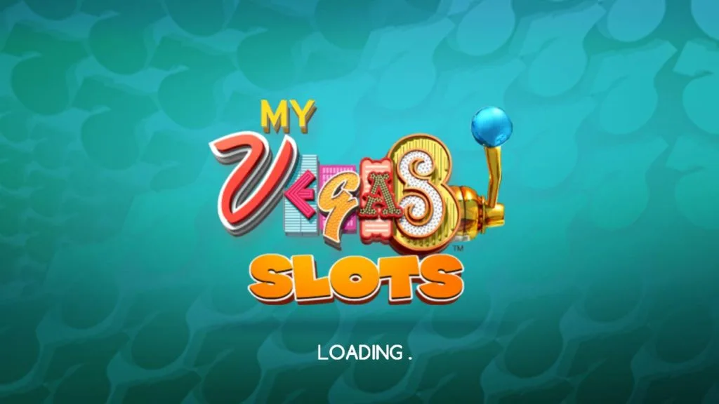 a screenshot of the loading screen for my vegas slots. A teal background with highlights so you can barely make out the shape of a 7. Every letter of Vegas is a different colour and font, there's even a lever on the side, just like a slot machine. Underneath the title, it says loading with periods after it.
