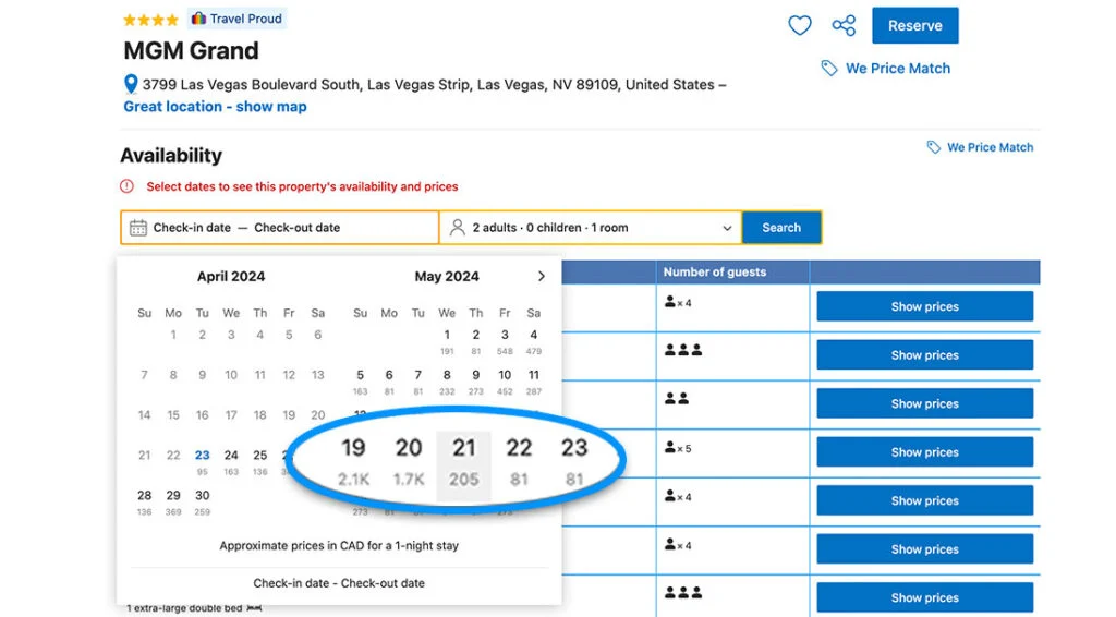 screenshot of Booking.com showing two months of nightly rates in April 2024 and May 2024. 1 week is highlighted and enlarged to show $2.1 k on Sunday May 19, $1.7 K Monday May 20, all the way down to $205 on  Wednesday and down to $81 on Thursday and Friday. An examples of mgm grand in vegas showing how the dates can make a huge difference. 