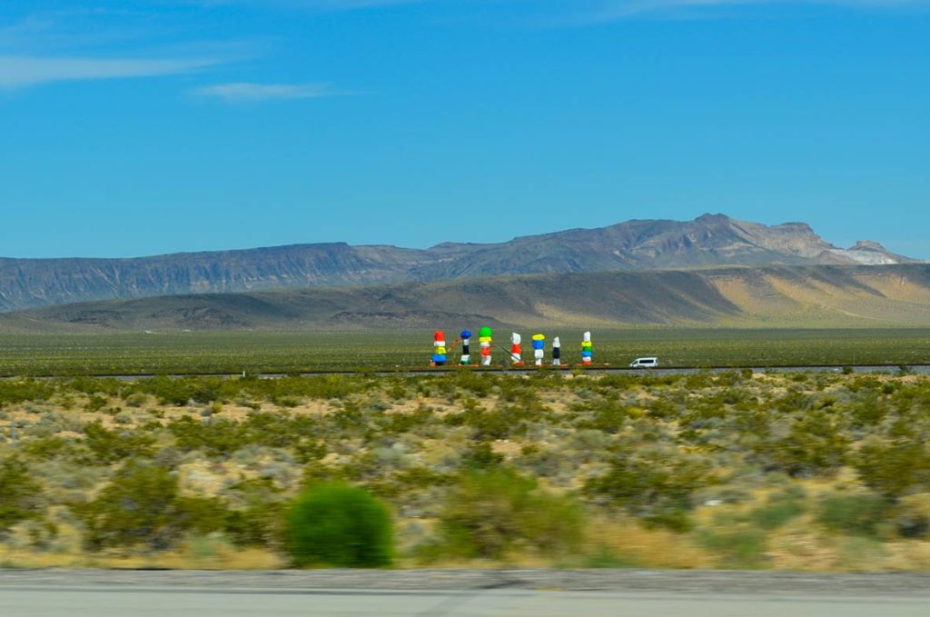 driving by the seven magic mountains driving to vegas