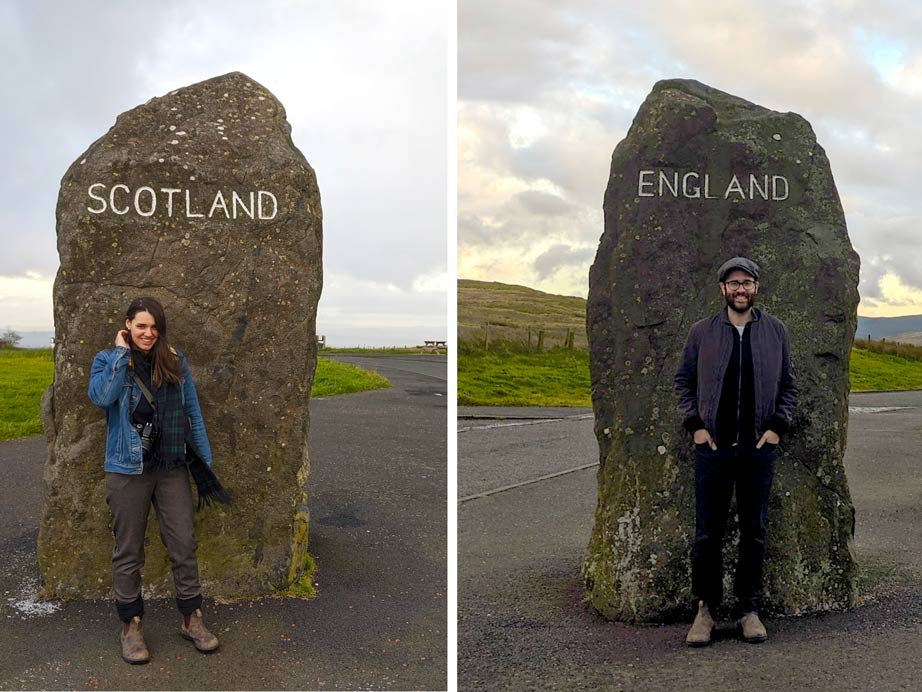 two vertical photos side by side. They each have someone standing in front of the same rock, but it is of either side of the rock. On one side the rock says Scotland, the other says England. This is Carter's Bar in Scotland