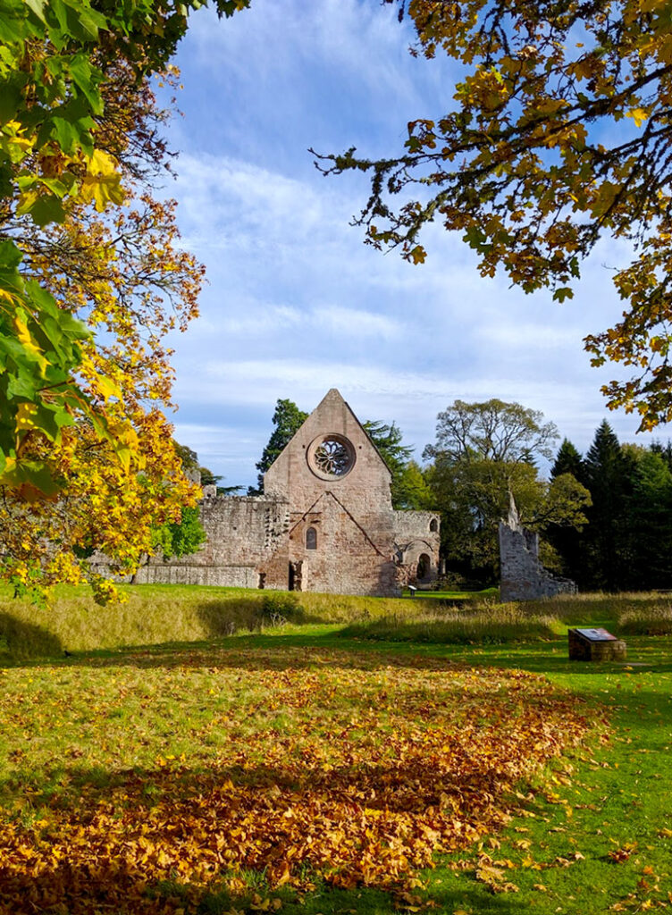 a fall scene of some scotland ruins. There are red leaves on the grass, leading your eye perfectly to the old schottish home in ruins in the middle of the picture. Above the house is a clouded blue sky and some leaves from trees further frame the image and the house below