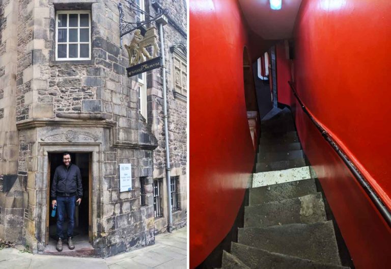 two photos: left: a man standing in the doorway of a stone building, almost hitting his head. right: a red painted stairwell going down. the stairs are original stone, one in the middle is a trick step so it's painted white to watch your step on it