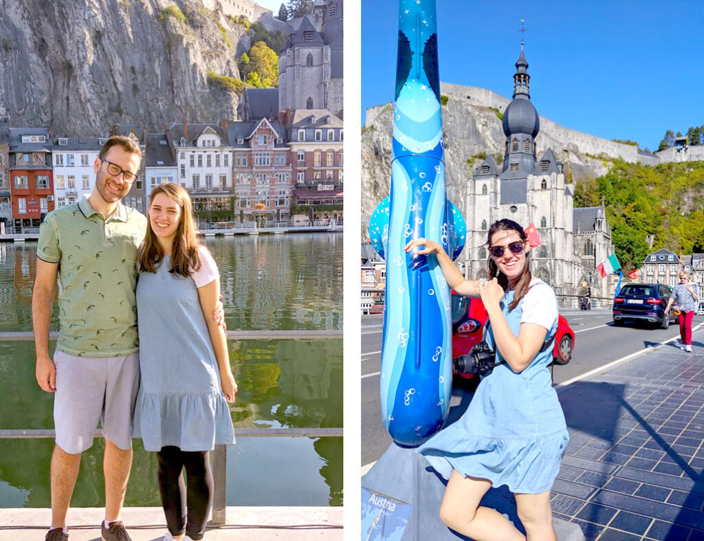 two pictures, both are taken on the same day, but at different times. 

Left: a couple stands in front of the river meuse in dinant, you can see the homes and the bottom of the church across the river. This was taken in the morning. The woman is wearing a denim dress, with a tshirt underneath, and black leggings underneath the dress. 

Right: a woman stands next to a saxophone sculpture in Dinant in the afternoon. You can see the same church from the other photo, but it's closer and now you can see the top of it. 
The woman is in the same denim dress and tshirt, but you can see her bare legs, without any leggings. 