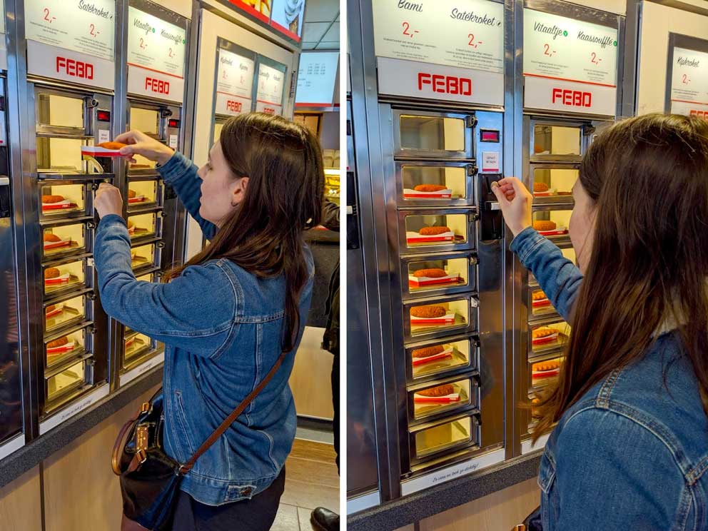 febo amsterdam places to eat at in a rush. There are two pictures side by side. 

The first picture a woman is taking out first from a little slot. There are two columns of 9 slots each, most are filled with a croquette. 

The second picture the woman is putting in a coin into a slot. 