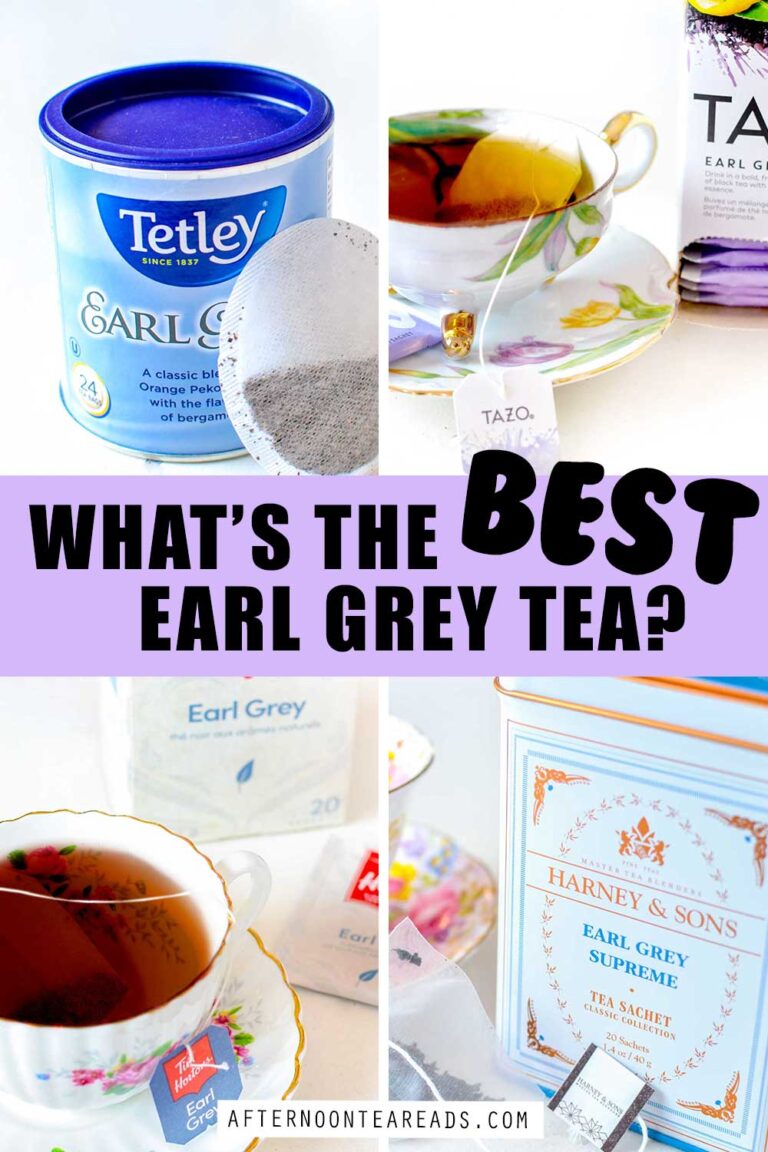 Pinterest image: 4 squares with different earl grey tea bags : tetley, tazo, Tim hortons and harney and sons earl grey