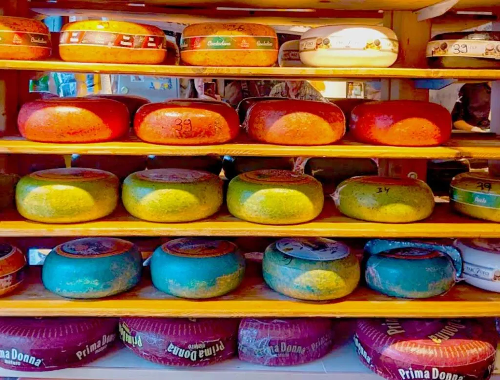 giant cheese wheels on four shelves. The top shelf has orange wheels, then red, green , and the last shelf has blue wheels. 