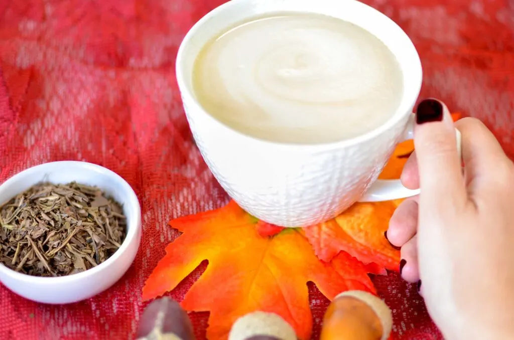 hojicha roasted green tea latte autumn teas. 

A woman's hand is holding a white cappuccino mug, filled with a light brown creamy latte. Next to the mug is a small pinch bowl filled with what looks like ripped up bark, but it's just roasted green tea leaves, hojicha. 

This is all sitting on a counter with a red table cloth on top. 