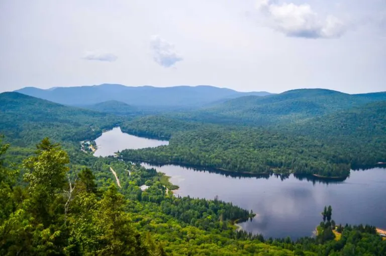 view from the top of mont-tremblant-quebec-nationa-park in the summer: a lvast valley of lake and mountains with lush green trees on a sunny day