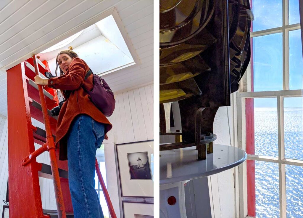 two pictures: a woman going up the sourris lighthouse in prince edward island canada. She's on a very vertical red painted ladder with a very worried look on her face. The second photo is a large circular object looking out through the window out onto the water below.