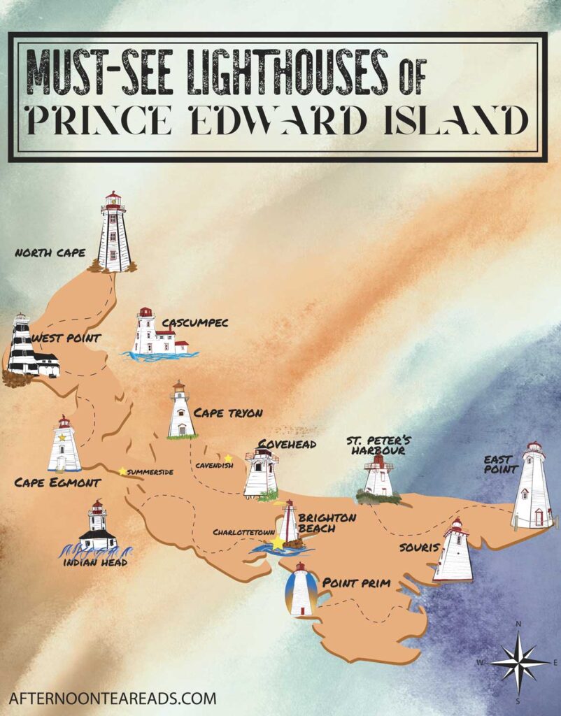 a graphic map of the top 10 lighthouses on prince edward island. 

There's a pastel background fading from mint green/ white, to red dirt colour, to a light navy blue. 

The shape of prince edward island sit on top of the background, it's been coloured a beige pink. 

There are twelve pop up lighthouses throughout the island with dotted lines leading to each one. 

From the north you have: North Cape, West Point, Cascumpec, Cape Egmont, Cape Tryon, Indian Head, Covehead, Brighton Beach, Point Prim, St. Peter's Harbour, Souris, and East Point 