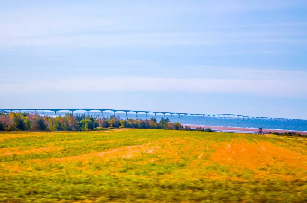 confederation bridge prince edward island going off into the distance of the choppy waters. The red dirt is coming through the grass in front of you on the central coastal drive