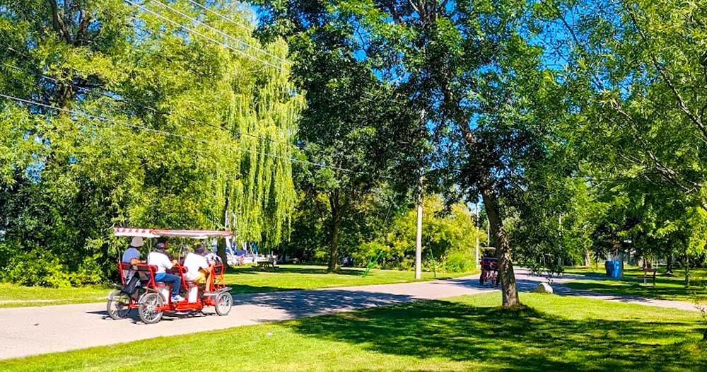 one of the many walking paths around toronto islands. Lush greenery surrounds the path with grass and willow trees. People are enjoy the nice weather and the paths one a four person seated bicycle with a cover for sun protection.