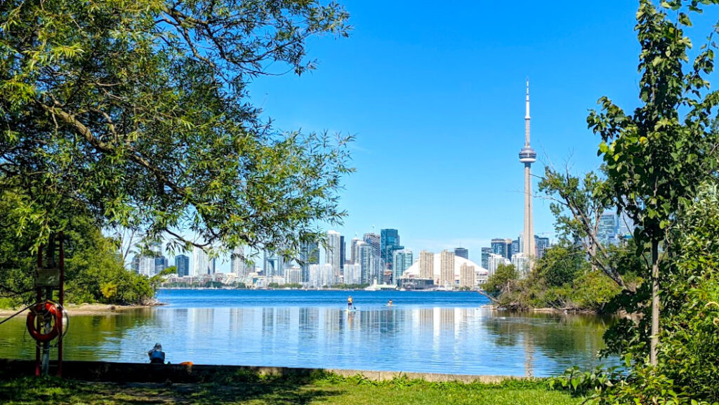 the perfect picnic lunch spot on toronto island with a view: you're sitting on lush green grass,  trees line you view of the toronto skyline behind the water. The water is calm enough that you can see a slight reflection. And there are people paddle boarding further out.