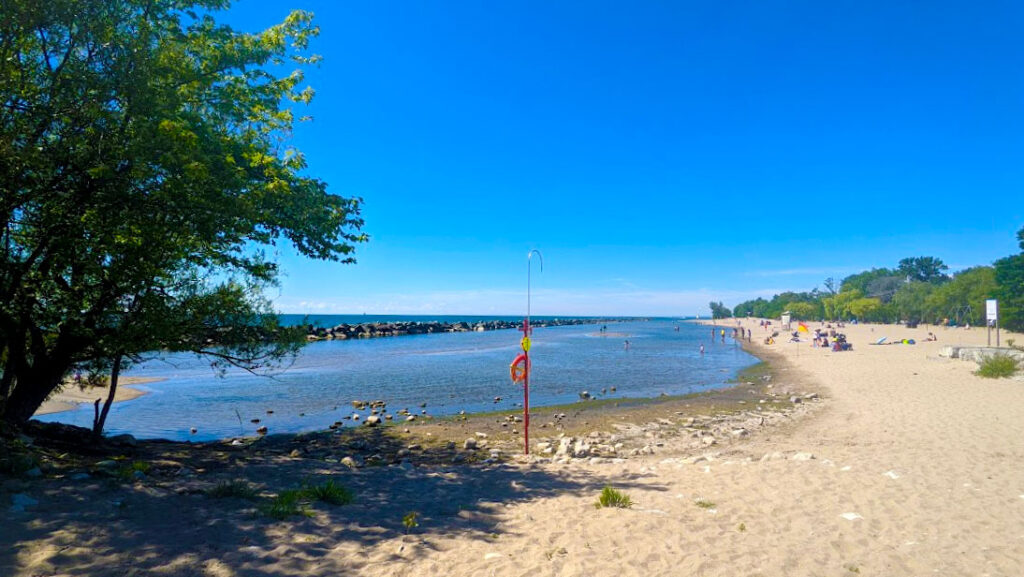 a beach on toronto island. The waters are calm, there's a rock wall for separation and people are already set up with chairs further down the beach