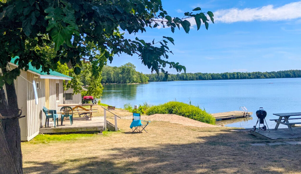 lake on the mountain in prince edward county. A peaceful scene. A tree partly covers the cabin behind you, but you can easily see the back porch with chairs to sit on. There's a lawn before you reach the lake with a dock, and a barbecue and picnic bench.