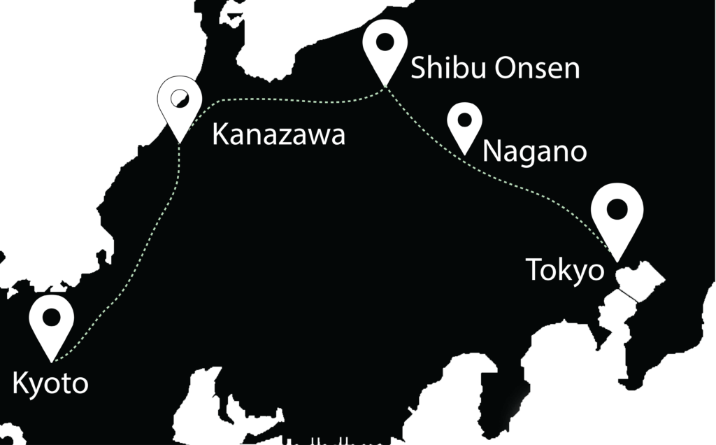 Japan Travel Itinerary Map for the first week. It's black and white outline of tha map of japan, zoomed in on one area. There's a dotted line showing the root from Tokyo, Nagano, Shibu Onsen, Kanazawa, and Kyoto. Those cities are written and pin pointed on the map. 