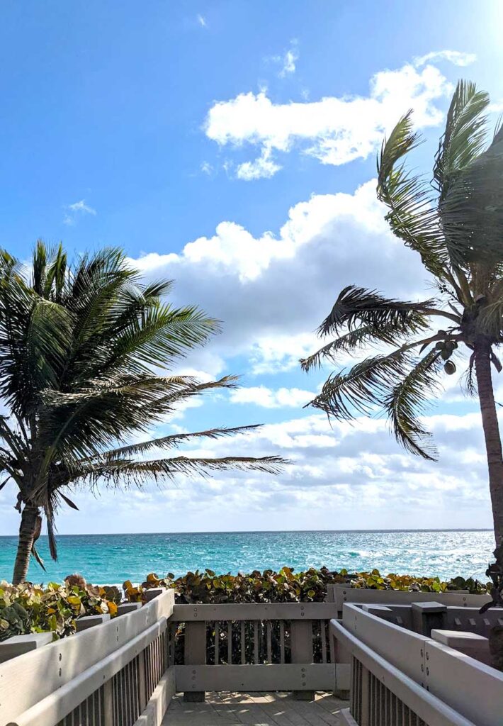 a raised boardwalk leading you out onto the beach. Two palm trees line the edges of the photo, leading your eye to the teal blue water and up to the sky with some clouds above.