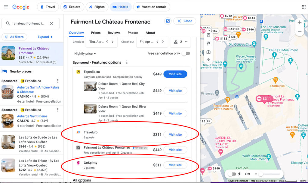 google-hotel-view-with-a-map-prices-in-the-middle-for-different-sites. two are circled in red for traveluro and gosplitty to show how much lower their price is
