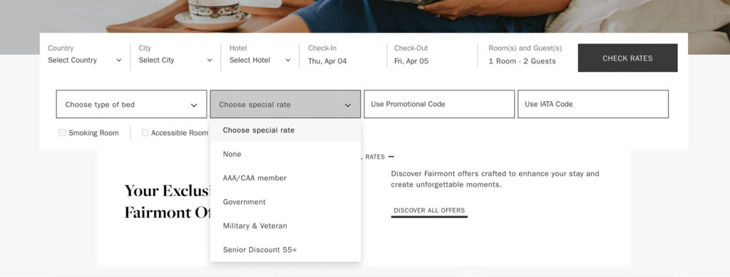 screenshot-of-fairmont-website-showing-a-dropdown-menu-of-special-rates-for-different-people