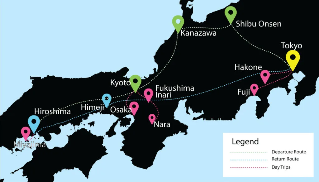 a complete example of a two week itinerary in japan showing the map of japan and where you'll travel in two weeks, signified by different coloured dotted lines and pins on the map highlighted cities to viist.