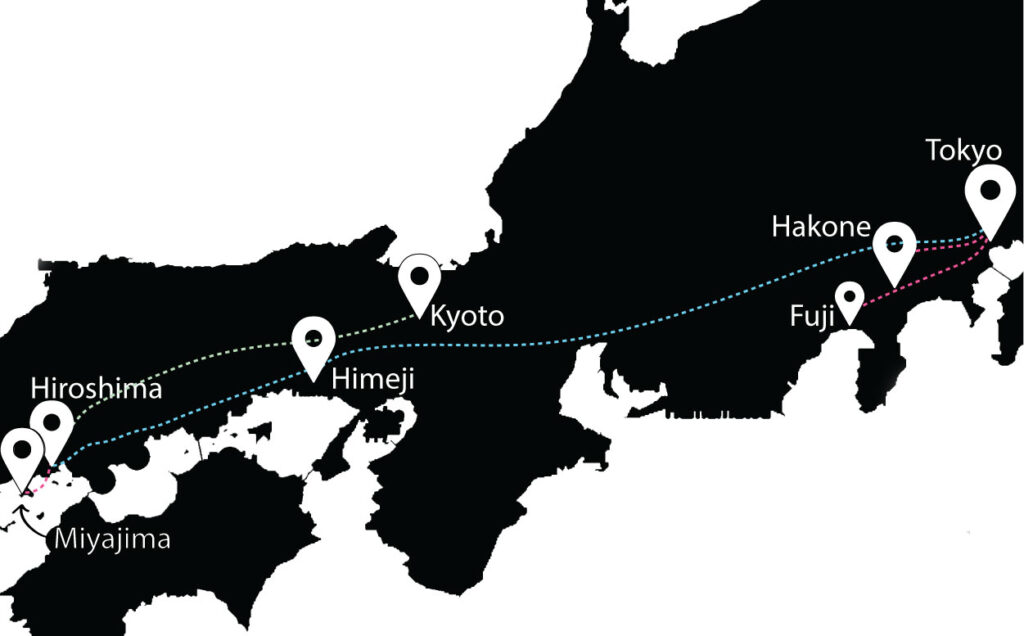 week two of a two week japan itinerary. A graphic map showing a cropped filled in shadow of the map of japan. Pin points are highlighted in white and a dotted line attached hiroshima, to himeji to tokyo. There's a second set of pink dotted lines connected hiroshima to miyajima, and tokyo to hakone and fuji