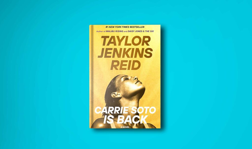 hardcover book on a plane bright blue background (to compliement the golden yellow colour of the book cover). The book is carrie sotto is back by taylor jenkins reid