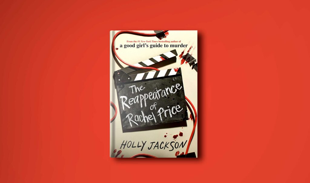 hardcover book on a plane red background to compliment the red accent colour from blood spatters and a red cord on the cover of thre reappearance of rachel price book cover