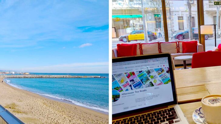 how-to-travel-and-work-remotely-featured image. A split image. On the left is a a beach boardwalk, on the right is a laptop and two cappuccinos as a coffee shop