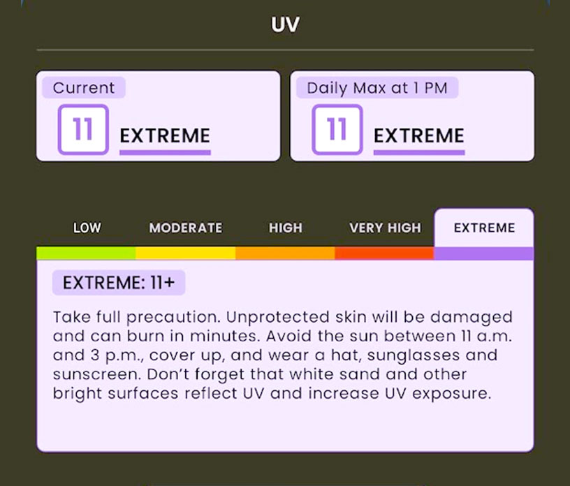 a screenshot report of the UV in marrakech in june from the Weather Network. There are three bubbles of text. 

1: States the current UV: 11 / Extreme

2. Daily max at 1 PM: 11 / Extreme

3. a description of Extreme: 11 + UV:
Take full precaution. Unprotected skin will be damaged and can burn in minutes. Avoid the sun between 11 a.m. and 3 p.m., cover up, and wear a hat, sunglasses, and sunscreen. Don't forget that white sant and other bright surfaces reflect UV and increase UV exposure. 