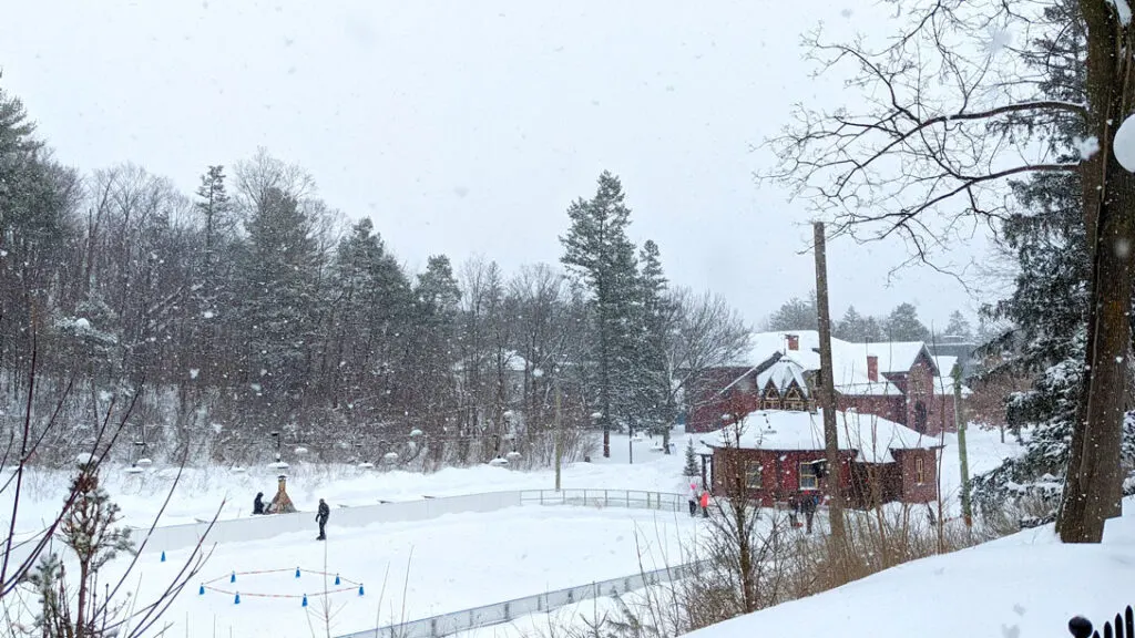 an almost birds eye view of an almost empty outdoor skating rink. Below a slight hill is a large outdoor skating rink with a chalet next to it. There are a line of trees behind it. It's snowing, adding a romantic nature to the photo.