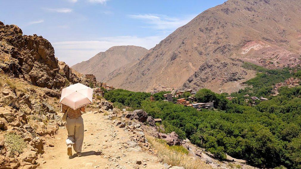 The back of a woman as she walks away on a sandy path in the mountains of morocco. She's wearing full length pants and holding up a pink umbrella to shield her from the beating sun