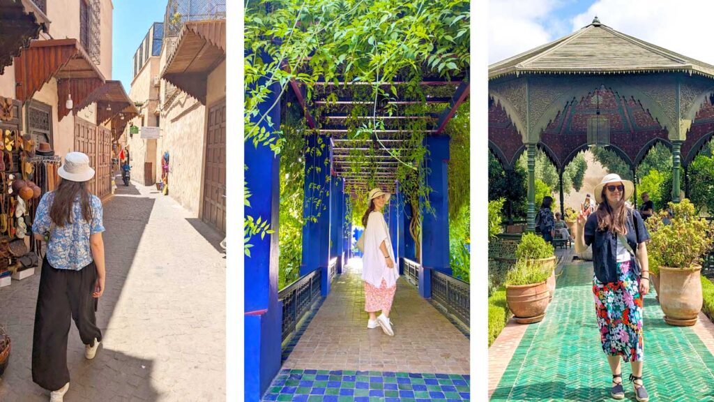 three examples of outfits in morocco: flowy pants with a loose fitting blouse, a maxi dress with a loose shawl, and finally a maxi skirt with a linen blouse and a tank top underneath