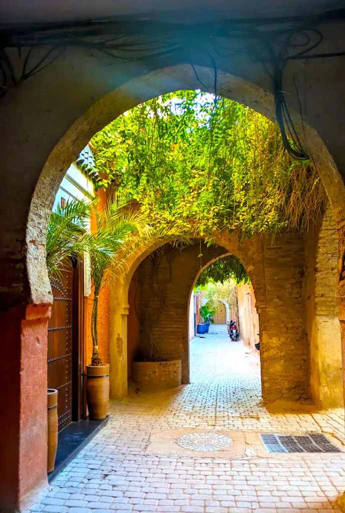 a traditional street in old marrakech. There are cobblestones on the street. Rounded archways leading in three directions. In the centre of them all is a roof made out of just lush green leaves. There is no one in sight, but there is a motorcycle in distance parked outside a house