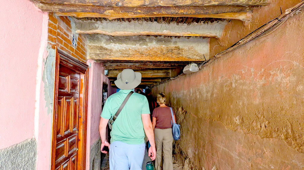 a creepy dark, ruined alley in the Marrakech markets. A man with a safari hat and a women in burgundy clothes are walking in front of you. The ceiling is quite low, with wooden beams almost hitting the mans head. There is actually a wooden door on the left side wall. The right side wall is unfinished