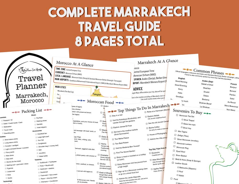 8 pages layed out on top of each other each are a different page from the Marrakech travel guide