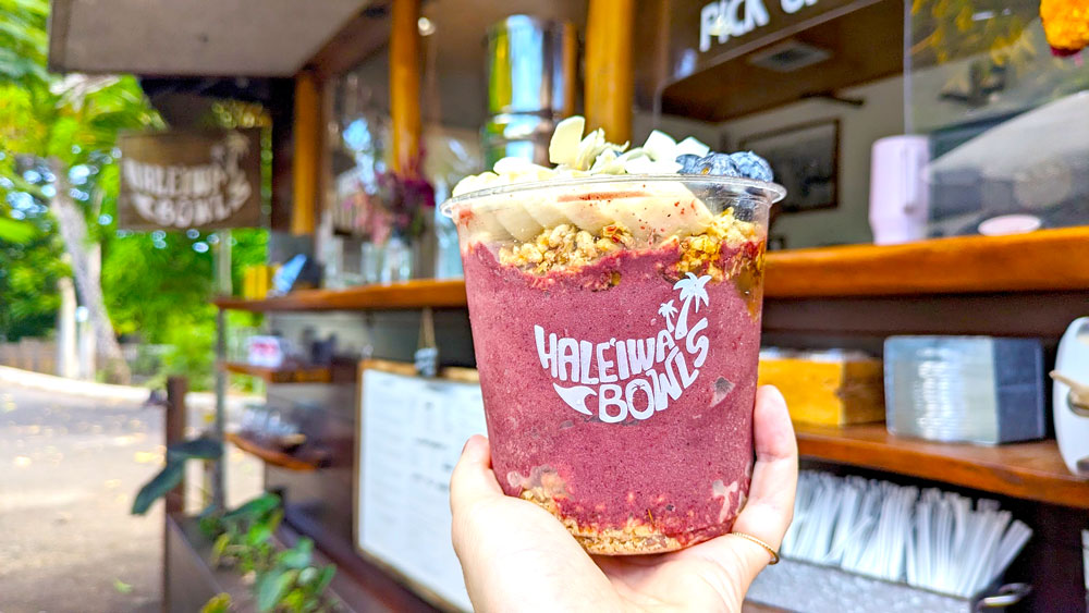 someone holding up a see through plastic bowl with Haleiwa's Bowls printed on the front. You can see granola on the bottom, the middle is a thick deep pink smoothie with fresh fruit on top and more granola. 