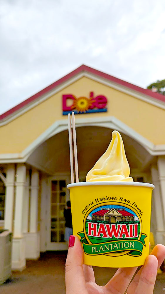 someone is holding up a large yellow paper bowl filled with a yellow ice cream: dole whip. On the paper bowl it says: historic wahiawa town, hawaii. And a logo for Hawaii Plantation. In the background, slightly blurred but still distinguishable is a yellow angled rooftop and it has the dole logo directly in the centre. 