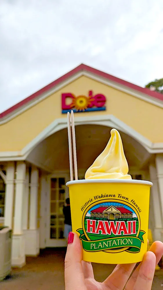 someone is holding up a large yellow paper bowl filled with a yellow ice cream: dole whip. On the paper bowl it says: historic wahiawa town, hawaii. And a logo for Hawaii Plantation. In the background, slightly blurred but still distinguishable is a yellow angled rooftop and it has the dole logo directly in the centre.