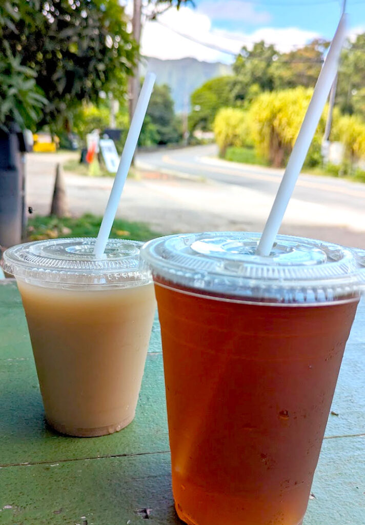 two see through iced tea cups with straws on a green picnic bench. The one in front looks like it's classic iced black tea. The one in the back is a thicker liquid, resembling milk with tea and it's also a light brown colour. It's a sunny day, there's a road before bright trees and mountains even further in the distance. 