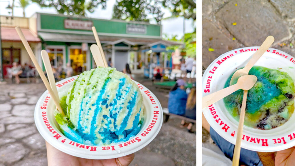 two images side by side showcase the inevitability of shave ice in hawaii. It starts into a perfect domed shape, this shave ice has blue and green syrup on top with condensed milk drizzled. In the bowl there's two sets of spoons and two sets of straws. That because in the next picture the domed shave ice has melted into soup, the spoons sit there, useless.