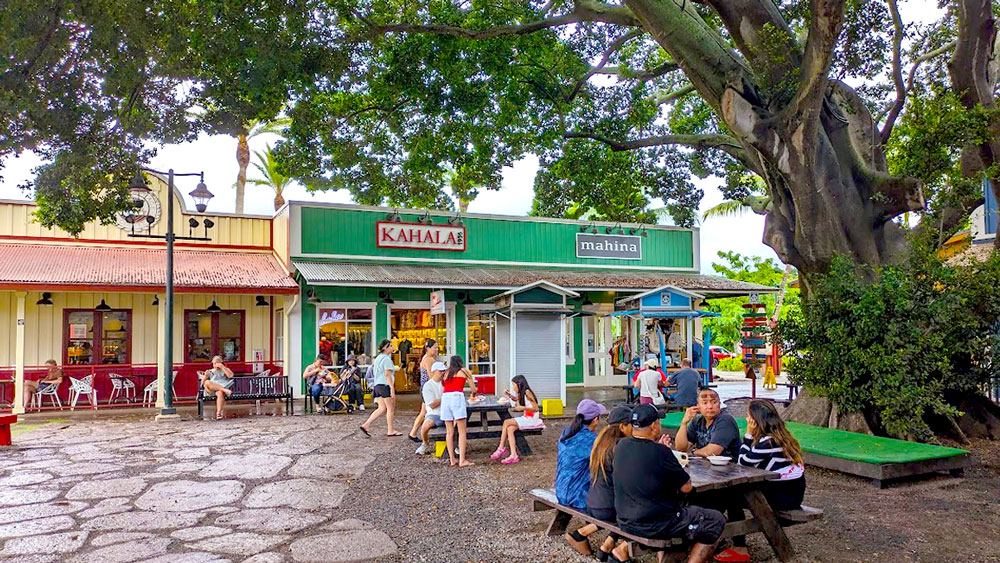 a cobble stone areas lays in front of small but cute shops. They are two attached buildings, one is painted yellow and pink, the other is emerald green. There's a picnic bench with a family enjoying their recently bought food. And a large tree overtakes the dirt rea, but it overhands so large, covering the family, and the shops in complete shade. You can't see any sky.