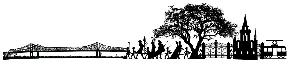 A black and white long short graphic depicting new orleans. There's the missississippi bridge that goes over the river, people in a parade, a large oak tree, iron gates, a three spired church, and a trolley