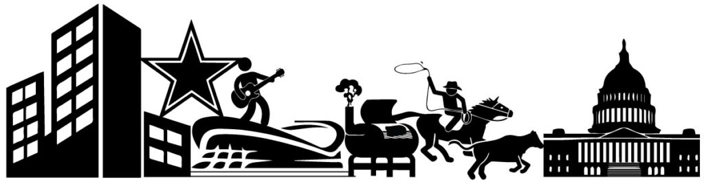 a wide black and white graphic depicting the state of texas and the cities. From left to right: tall buildings, a stadium with a dallas cowboys star and guitarist on top. It leads into a smoker with a piece of meat inside. Then there's a cowboy chasing a calf and finally the iconic Texas state capital building.