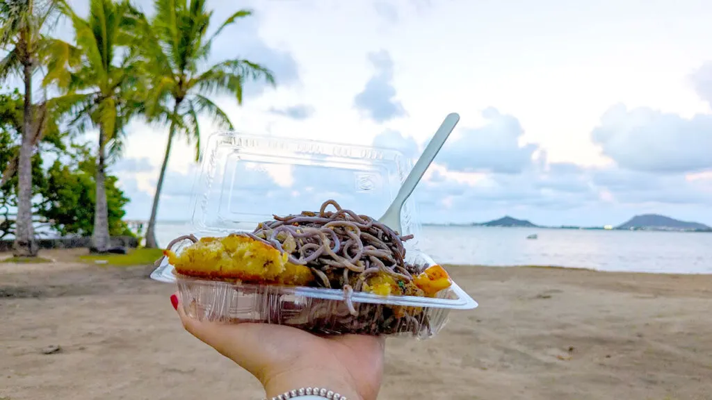 a hand holds up a clear plastic container in the middle of the photo. Inside the container is a pile of purple noodle and a piece of breaded fish. There's a plastic fork sticking out of the noodles. Behind the hand, slightly out of focus but still discernible is a sandy beach leading into the ocean where there are two islands popping out on the horizon. There are green palm trees on the left. It's sunset, so there's a nice calming hue to the image. 