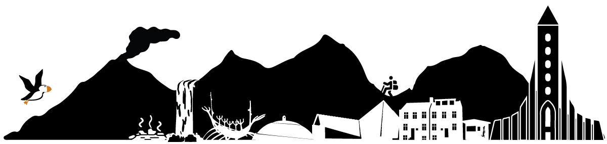 a black and white graphic that has a black mountain in the backgrund and a cityscape in front that's white. It uses negative space of black and white to create the shapes of specific Reykjavik landmarks. From left to right: a puffin flight into a smoking volcano, there's a hot spring below, that leads into a waterfall. Then the sun voyager sculpture, pufta, the harpa concert hall, classic homes in Reykjavik, the hot dog stand, and finally the church.