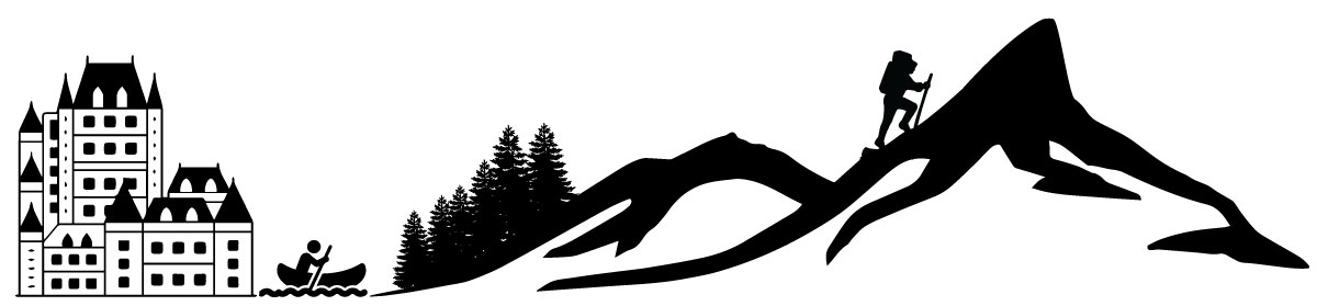 Banff-icons black and white long rectangle graphic with the fairmont chateau lake louise, someone on a canoe, evergreen trees going up a mountain and finally someone hiking another mountain